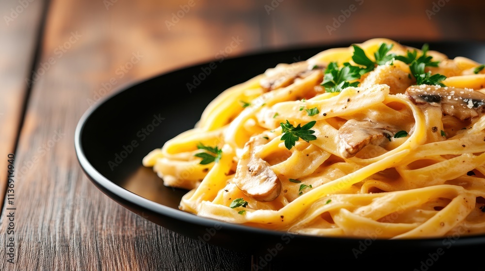 A plate of creamy pasta topped with crunchy mushrooms and fresh parsley sits alluringly, exuding warmth and culinary appeal, perfect for a gourmet dish. A plate of creamy pasta topped with crunchy mushrooms and fresh parsley sits alluringly, exuding warmth and culinary appeal, perfect for a gourmet dish.