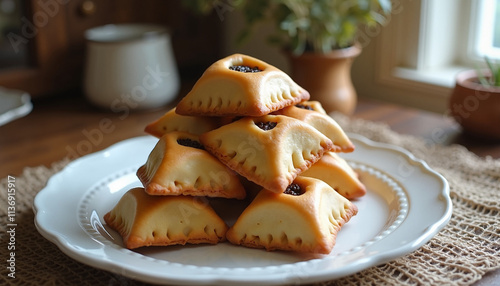 Soft, sweet hamantaschen cookies are arranged in a delicate pyramid on a white plate, showcasing their unique triangular shape, perfect for a joyous Purim feast celebration photo