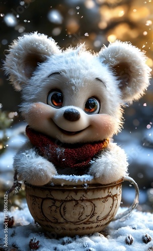 teddy bear toy sitting with mug next to it, with colorful bokeh