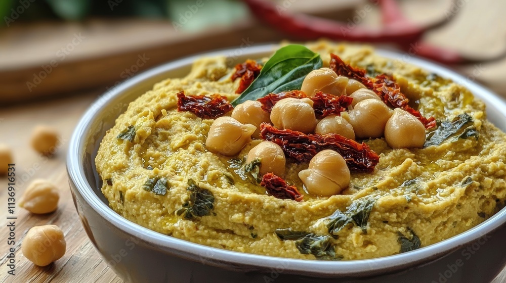 Hummus with sun-dried tomatoes and capers on a plate Hummus with sun-dried tomatoes and capers on a plate