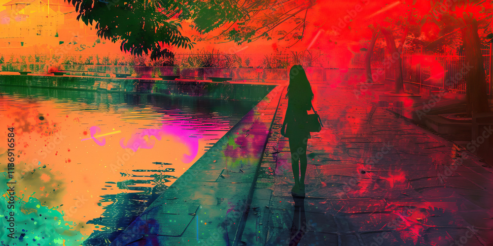 Fototapeta premium Silhouette of Woman Walking by Water with Abstract Color Overlay