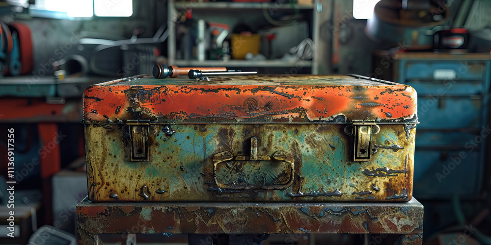 Rusty Metal Toolbox with Tools on Stand in Workshop Setting Rusty Metal Toolbox with Tools on Stand in Workshop Setting