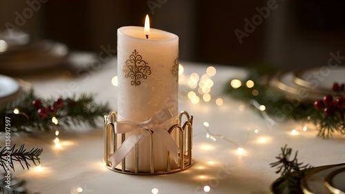 Festive Christmas Candle with Elegant Decor in Horizontal Format