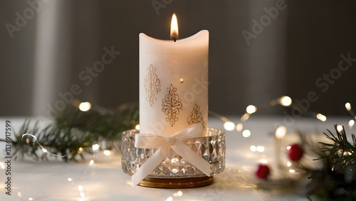 Festive Christmas Candle with Elegant Decor in Horizontal Format