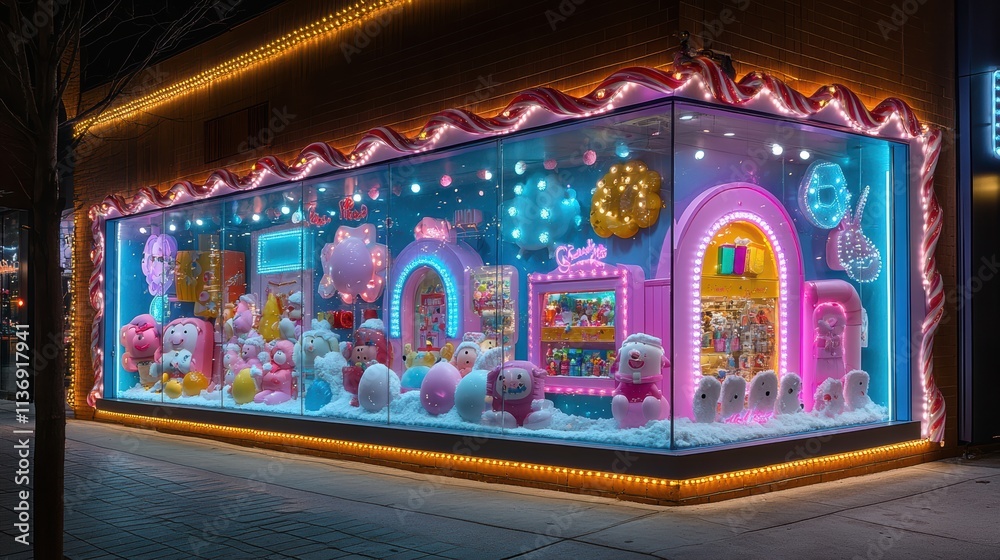 Fototapeta premium Toyland holiday storefront with oversized toy decorations and lights