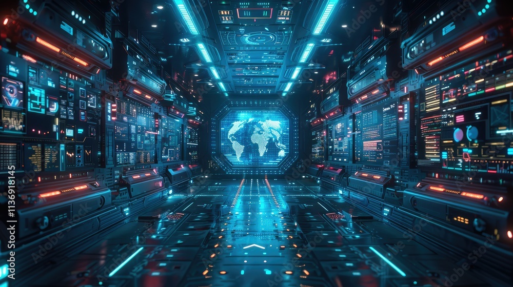 Obraz premium Futuristic control room with digital displays and a world map.