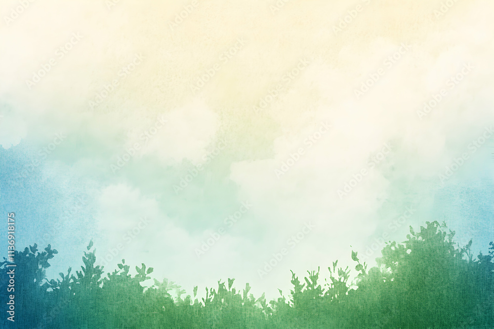 Fototapeta premium Serene watercolor landscape showcasing a tranquil sky and lush green foliage, ideal for backgrounds, cards, or design projects.