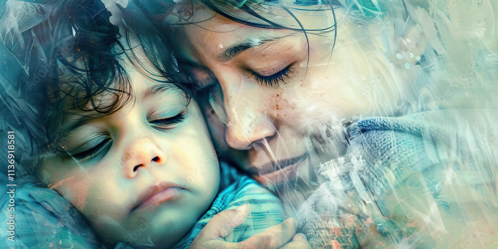 Woman and Child in Embrace, Stylized Portrait Woman and Child in Embrace, Stylized Portrait