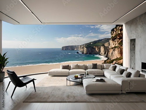 wallpaper representing a living room, overlooking the ocean with a large wall fresco.