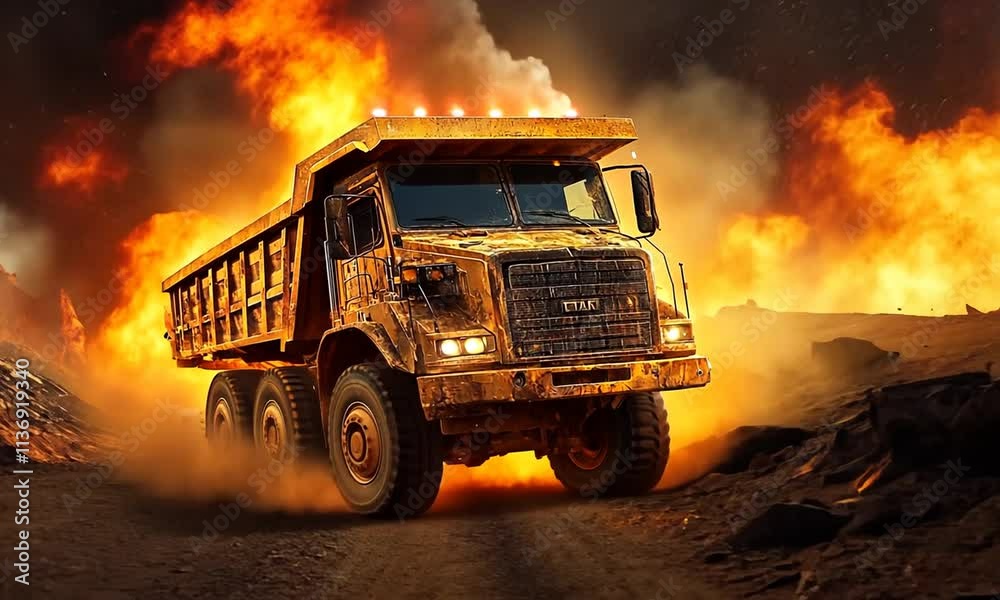 Fiery Inferno Engulfs a Large Mining Dump Truck in Motion Fiery Inferno Engulfs a Large Mining Dump Truck in Motion