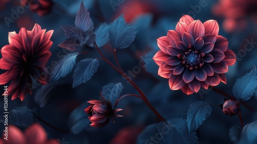 Deep red dahlias bloom against a backdrop of dark blue-green foliage.  The rich colors and soft light create a moody and elegant image.