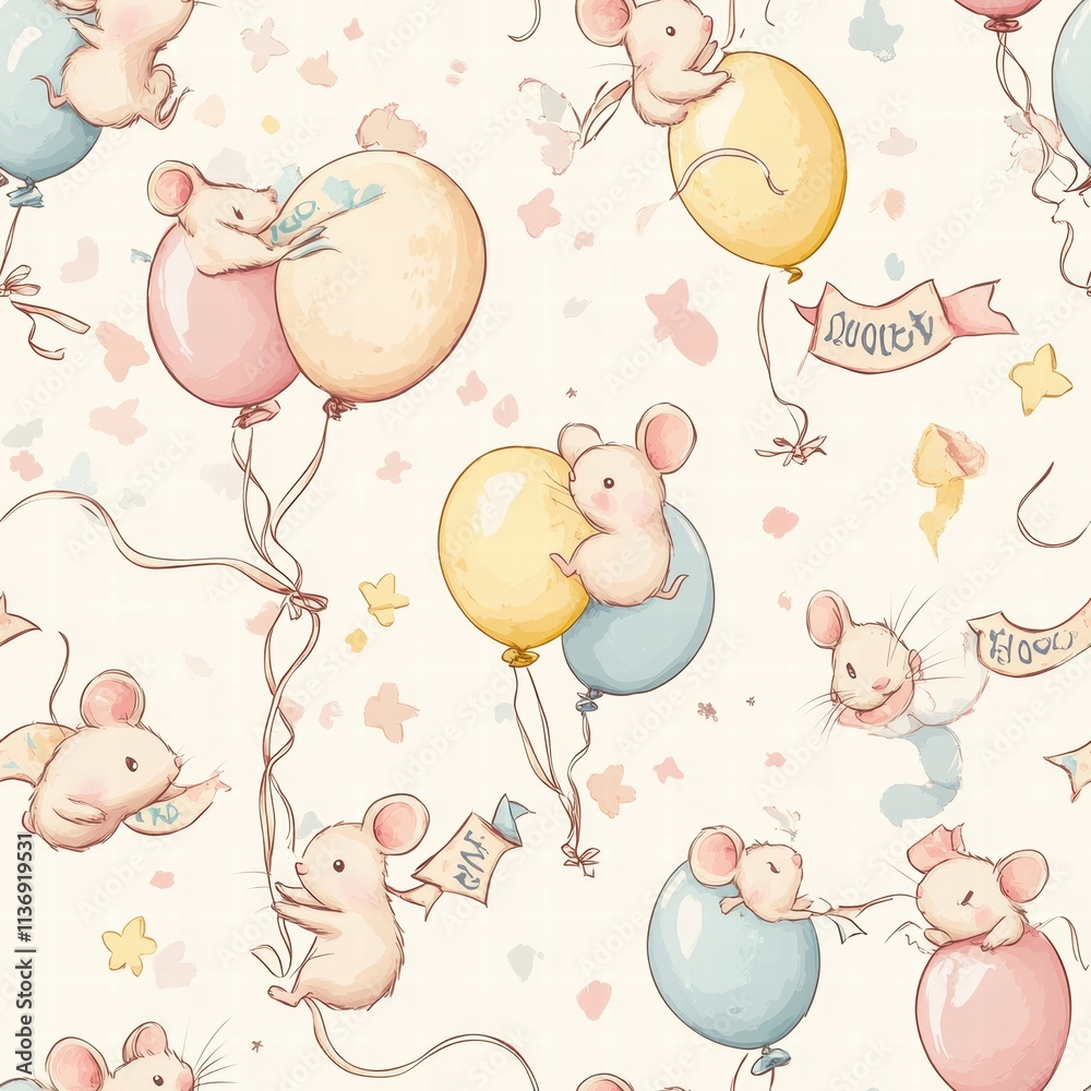 Cute little mice frolic with colorful balloons and fluttering butterflies in a delightful pattern, bringing a whimsical atmosphere to any design. Generative AI