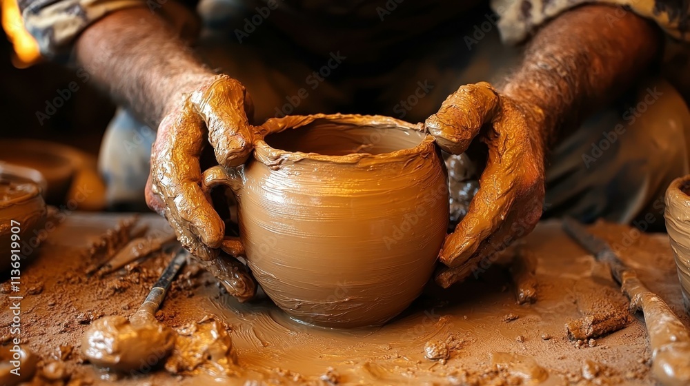 Potter's hands shaping brown clay pot on pottery wheel in workshop studio, crafting handmade ceramic art for crafts, hobbies, cultural, rustic, earthy, creative, traditional environment natural light Potter's hands shaping brown clay pot on pottery wheel in workshop studio, crafting handmade ceramic art for crafts, hobbies, cultural, rustic, earthy, creative, traditional environment natural light