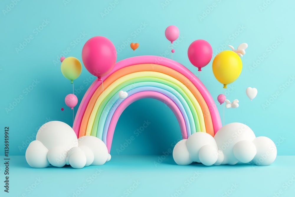 Abstract 3d rainbow surrounded by clouds and colorful balloons in generative ai illustration Abstract 3d rainbow surrounded by clouds and colorful balloons in generative ai illustration