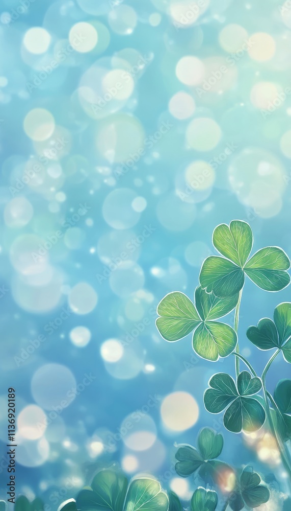 Clover leaf against a softly blurred blue sky, creating a serene natural atmosphere Clover leaf against a softly blurred blue sky, creating a serene natural atmosphere