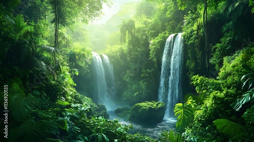 Lush Rainforest Waterfall Scene With Twin Cascades
