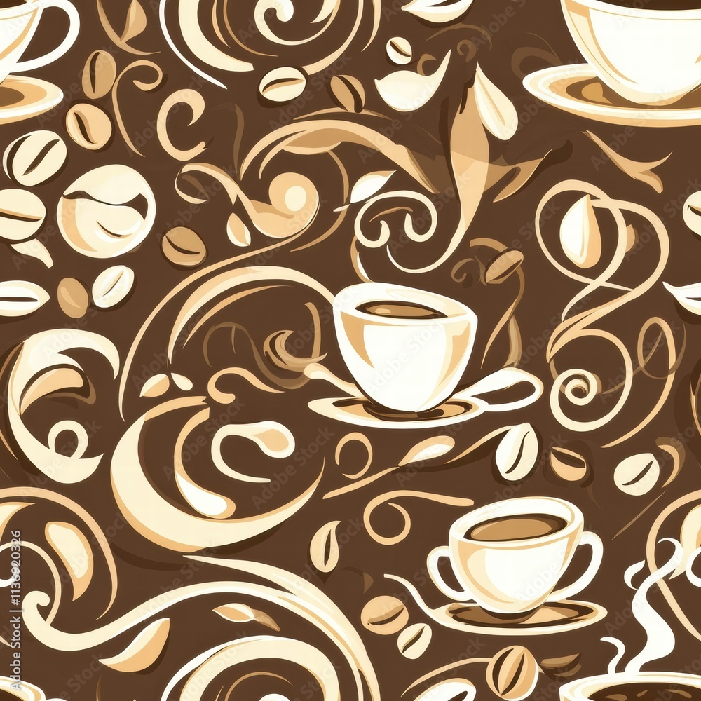 Obraz premium This seamless pattern showcases charming coffee cups intertwined with swirling designs and coffee beans, creating a warm, cozy feel. Generative AI