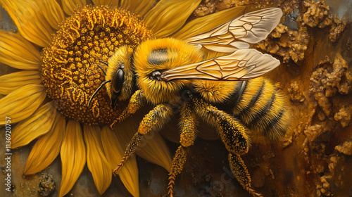 A honeybee covered in golden pollen, perched delicately on a sunflowerâs textured surface photo