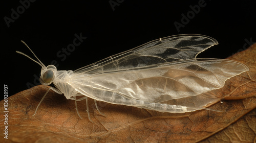 A glasswing butterfly resting on a leaf, its transparent wings reflecting light and showing faint patterns photo