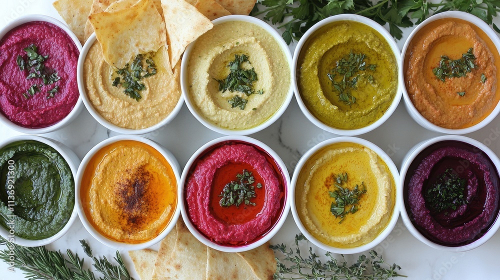 A variety of homemade hummus with vegetables and pita bread