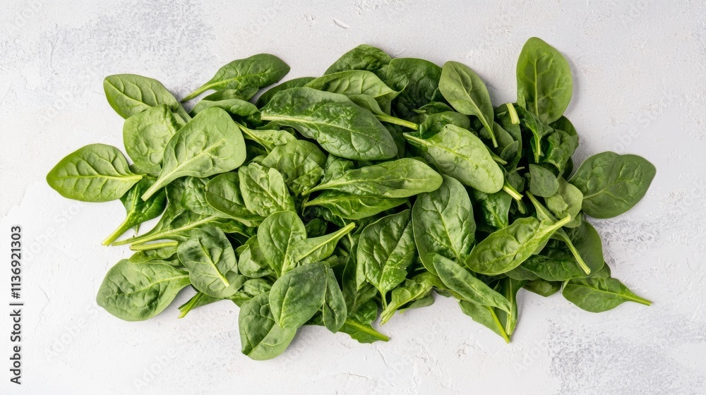 Fresh baby spinach leaves spread out on a white surface. The leaves are arranged in a flat layer and seen from above. Fresh baby spinach leaves spread out on a white surface. The leaves are arranged in a flat layer and seen from above.