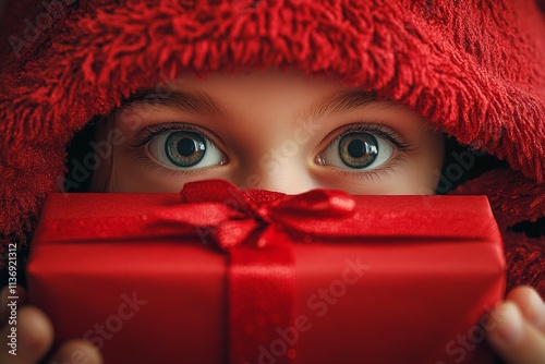 Adult man joyful in a red santa hat, with gift box. Christmas advertising concept image for print and online use. Christmas eve ad. Holiday festive posters. Merry christmas campaign.
