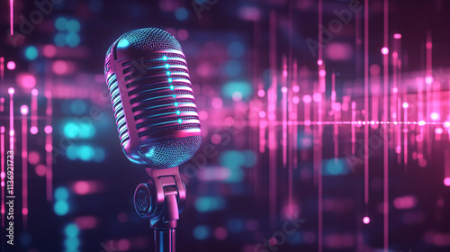 A stylized microphone icon glowing with soundwave data, representing online music production, podcasting platforms, and voice assistant tech. 