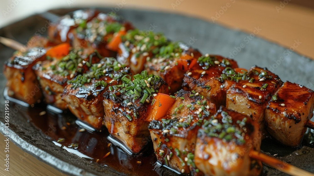 Grilled skewers of meat glazed with sauce and garnished with green onions on a platter. Grilled skewers of meat glazed with sauce and garnished with green onions on a platter.