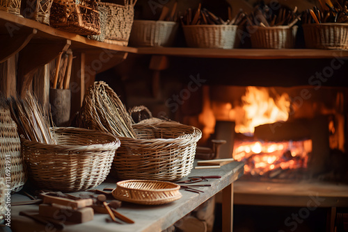 Traditional Basket Weaving Workshop with Handcrafted Wicker Baskets, Weaving Tools, and a Glowing Fireplace photo