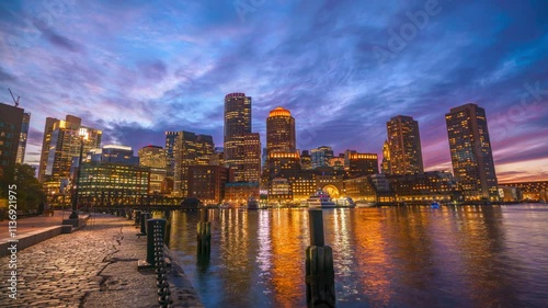 Night Time Lapse of the Boston Skyline from the Harbor Side