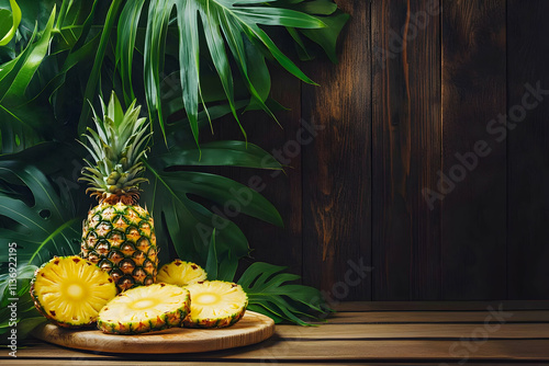 Juicy pineapple slices and whole fruit on a wooden board, surrounded by lush tropical leaves against a dark wooden background.  Perfect for summer recipes, healthy eating, or tropical themes. photo