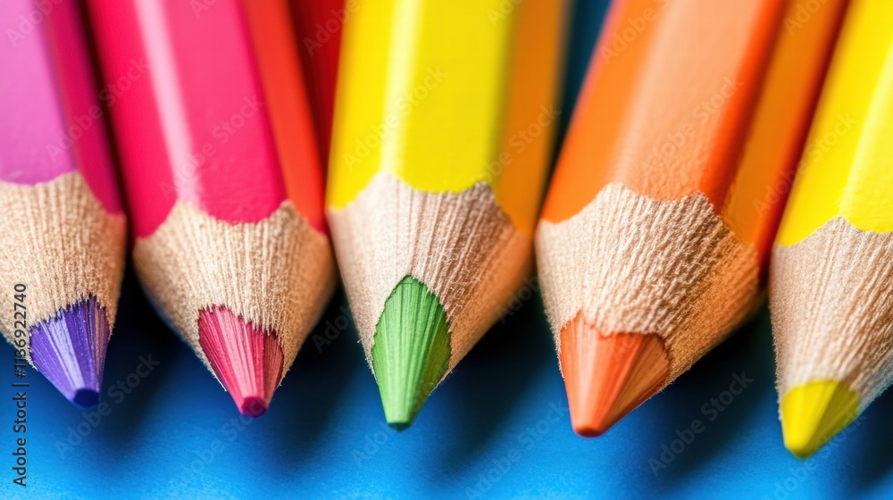 Brightly colored pencils line up in a seamless design, showcasing their vivid hues and sharpened tips against a blue backdrop. Generative AI Brightly colored pencils line up in a seamless design, showcasing their vivid hues and sharpened tips against a blue backdrop. Generative AI