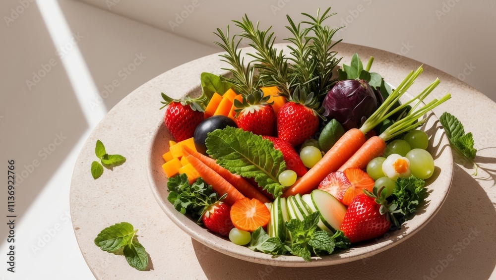 Fresh and Colorful Bowl of Mixed Fruits and Vegetables with Greenery on a Textured Surface for Healthy Eating and Nutrition Concepts