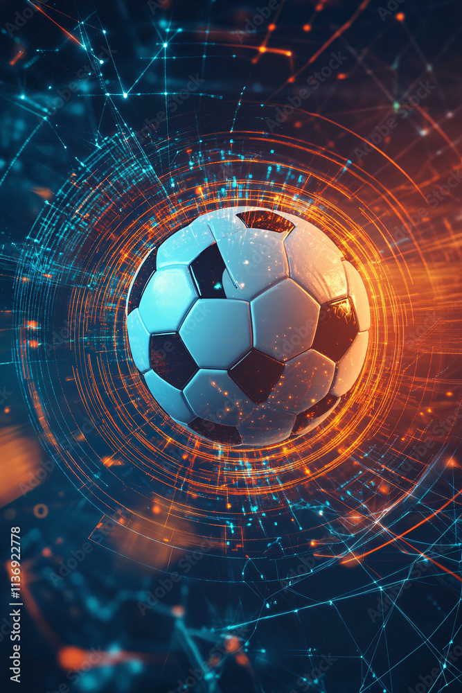 Fototapeta premium A stylized soccer ball icon surrounded by sports analytics, representing online match predictions, real-time game data, and virtual sports platforms. 