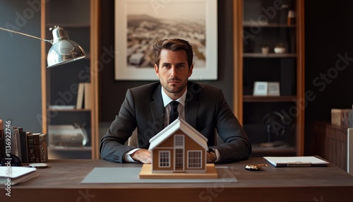 Professional real estate agent in suit at desk with model house realtor workspace concept