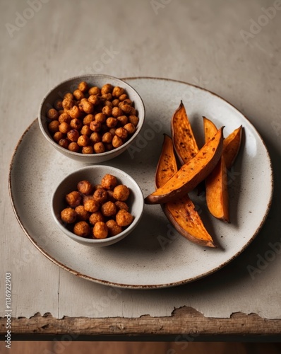 Rustic Snack Setup with Spicy Roasted Chickpeas and Sweet Potatoes in Bowls photo