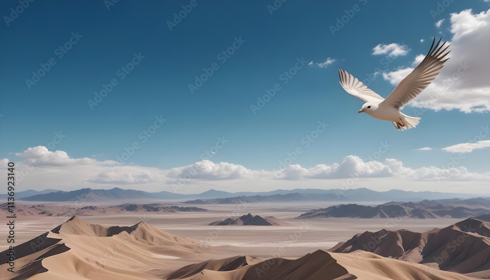 Naklejka premium A bird flying over a desert landscape with mountains in the background under a blue sky with clouds