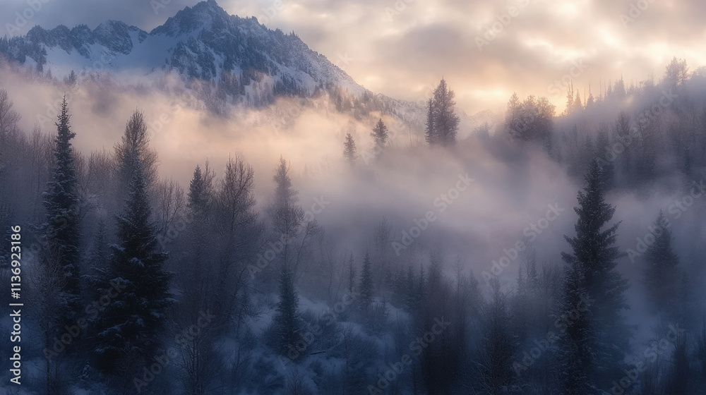 Misty mountain landscape at dawn with dense forest and sunlit peaks Misty mountain landscape at dawn with dense forest and sunlit peaks