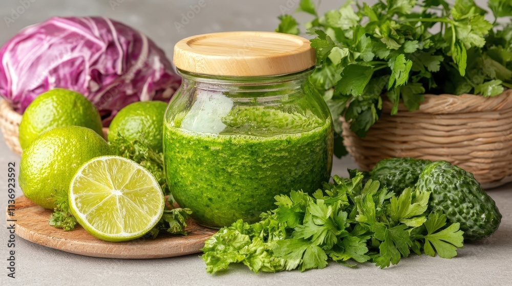 Fresh green sauce with lime, cilantro, and cabbage in jar Fresh green sauce with lime, cilantro, and cabbage in jar