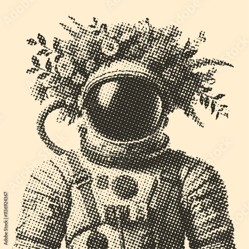 astronaut wearing a wreath of flowers, retro photocopy halftone effect, stipple effect illustration