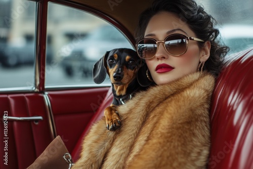 Elegant woman in vintage car with small dog embodying timeless glamour and sophistication photo