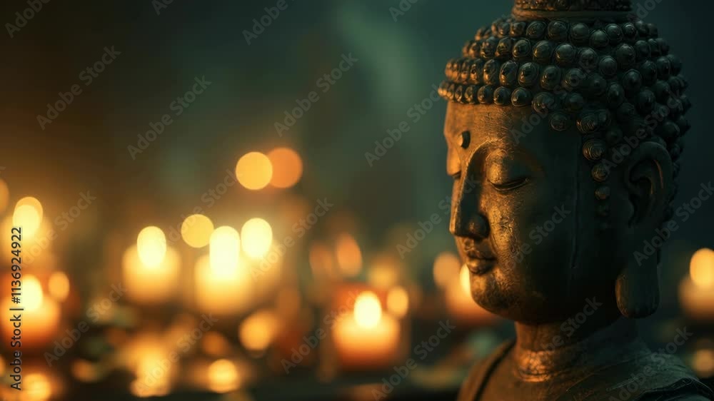 Statue of a Buddha with candles around it. The statue is surrounded by candles of different sizes