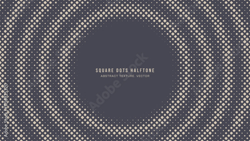 Square Rounded Dots Halftone Pattern Concentric Circles Frame Vector Abstract Background. Unique Graphical Abstraction Wallpaper. Half Tone Subtle Texture. Retro Futuristic Technology Art Illustration