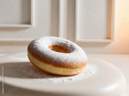 Delicious Classic Powdered Sugar Donut Resting on a Soft Surface with a Beautifully Simple Design photo