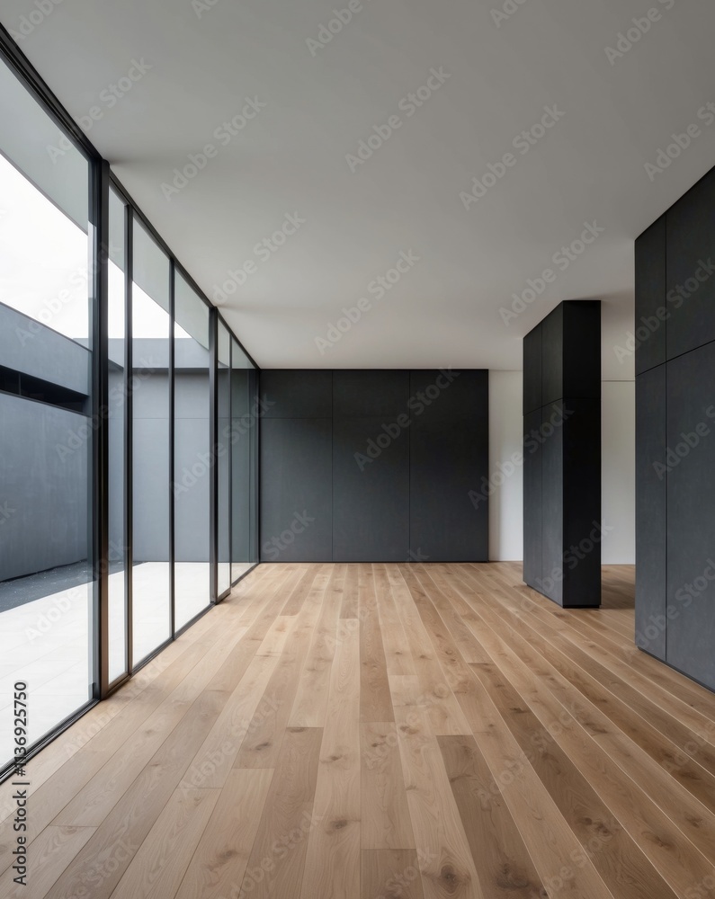 Obraz premium Modern interior space with wooden flooring and dark wall ready for decoration