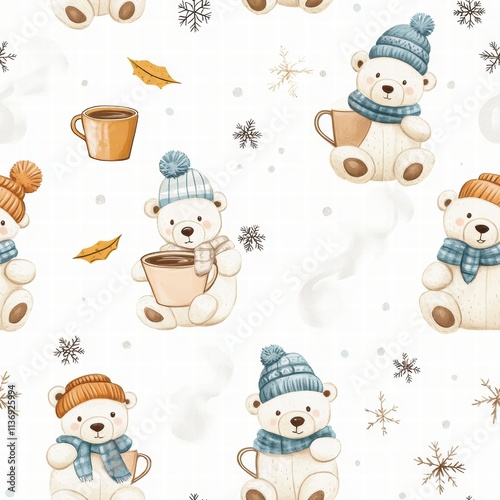 Delightful polar bears clad in cozy hats sip warm drinks, surrounded by autumn leaves and delicate snowflakes, evoking winter cheer. Generative AI photo