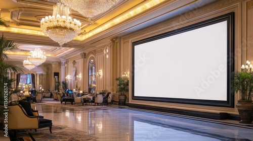Elegant Hotel Lobby Interior with Giant Blank Presentation Screen