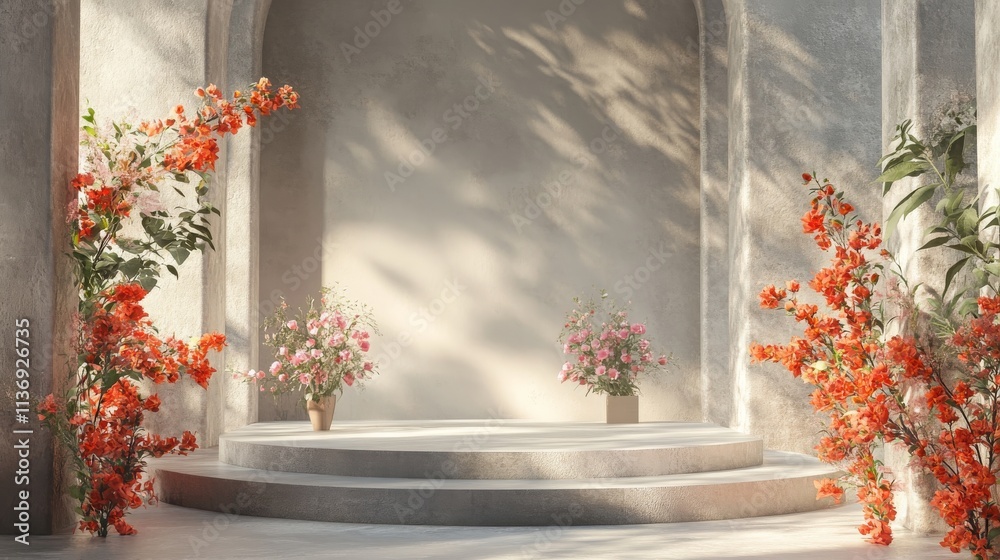 3D-rendered podium with floral decor and a spacious background for product displays 3D-rendered podium with floral decor and a spacious background for product displays