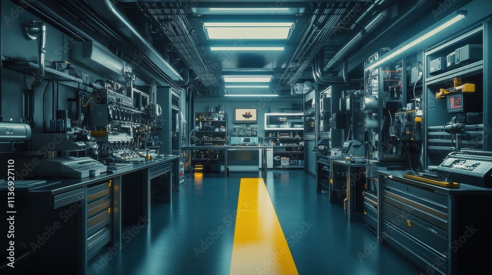 Modern workshop filled with advanced tools and technology in a dimly lit industrial space Modern workshop filled with advanced tools and technology in a dimly lit industrial space