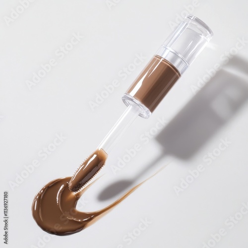 Stylish and vibrant lip gloss dripping off clear applicator, soft glowing finish on white
